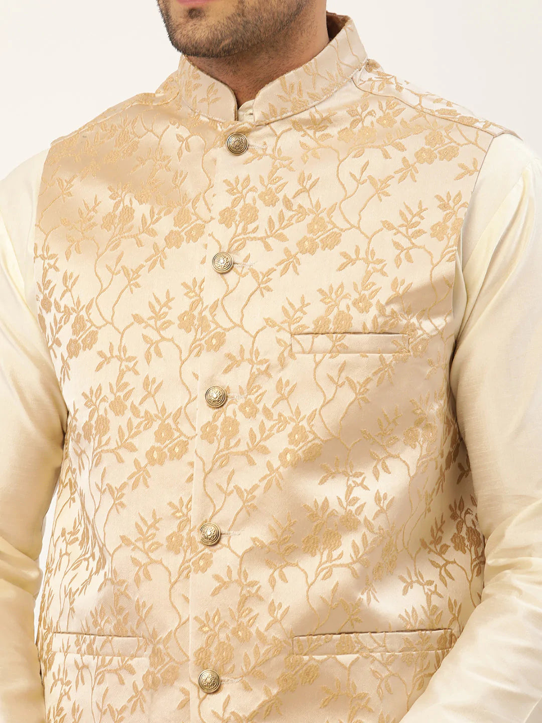 Men's Beige embossed Nehru Jacket( JOWC 4035 Beige )