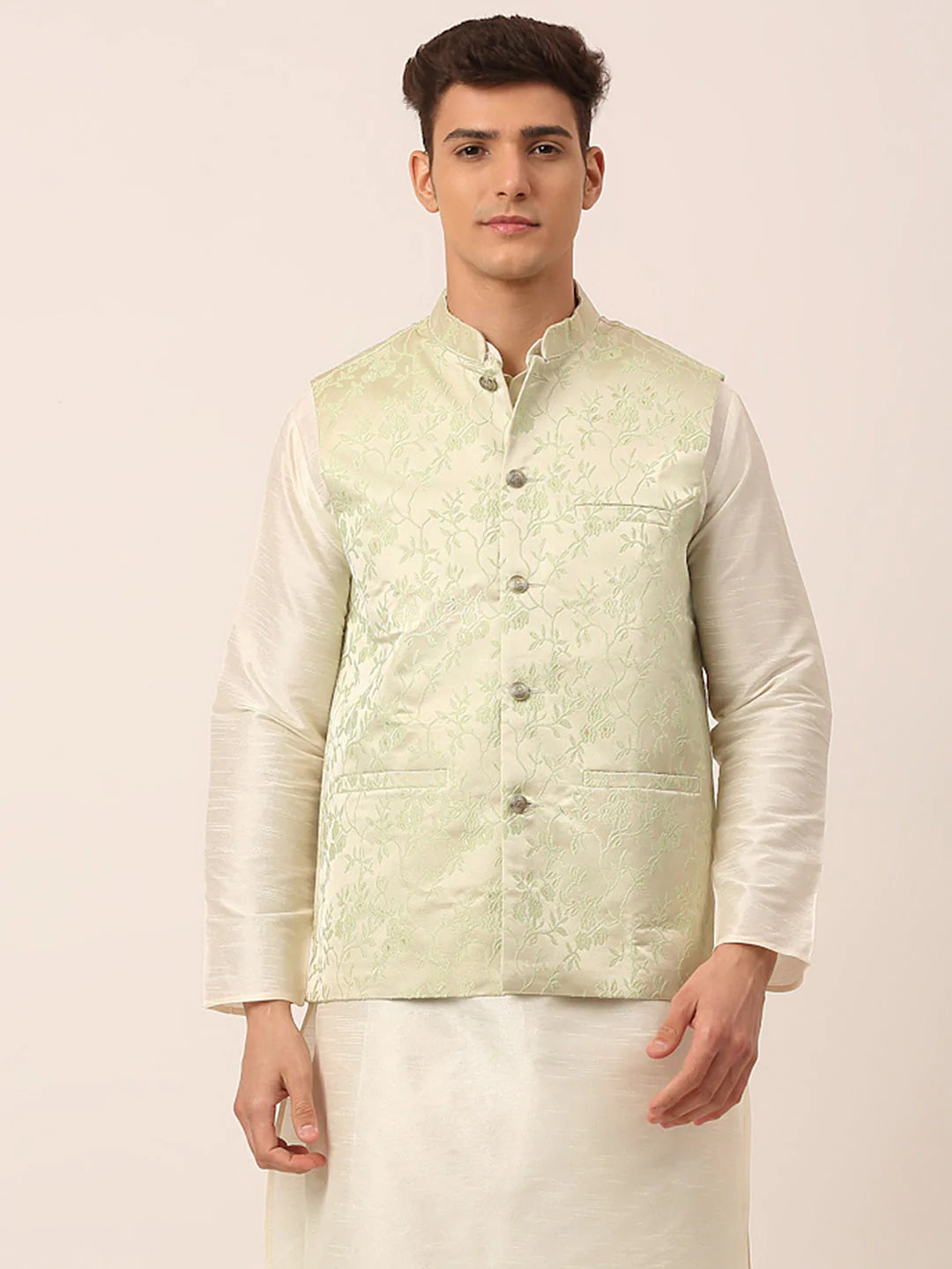 Men's Pista Green Floral Design Nehru Jacket.( JOWC 4035 Pista )