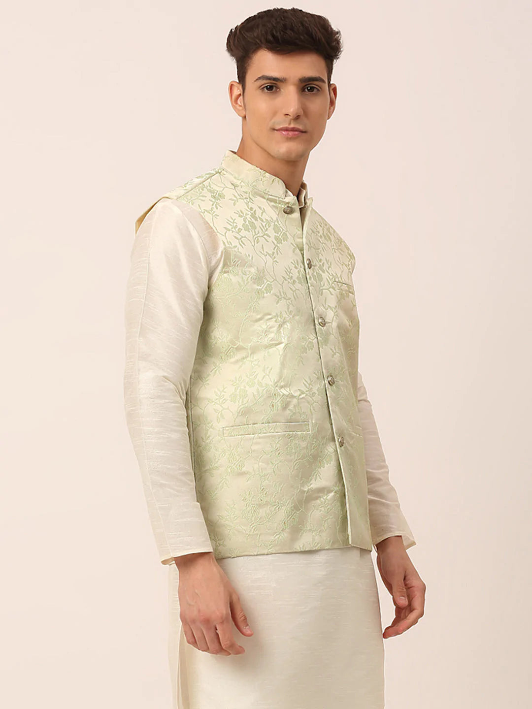 Men's Pista Green Floral Design Nehru Jacket.( JOWC 4035 Pista )