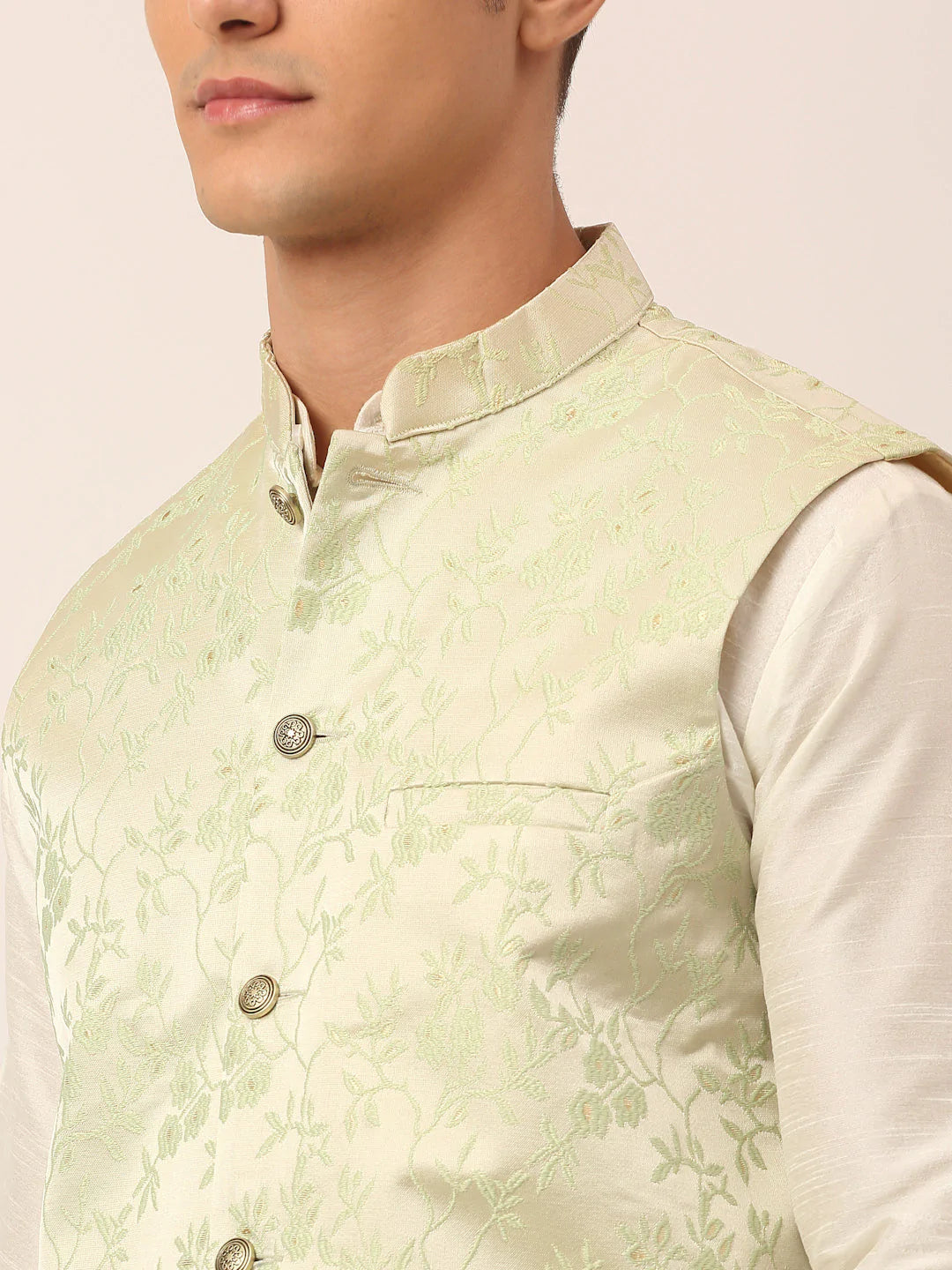 Men's Pista Green Floral Design Nehru Jacket.( JOWC 4035 Pista )