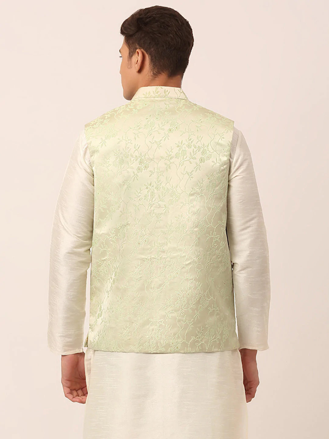 Men's Pista Green Floral Design Nehru Jacket.( JOWC 4035 Pista )