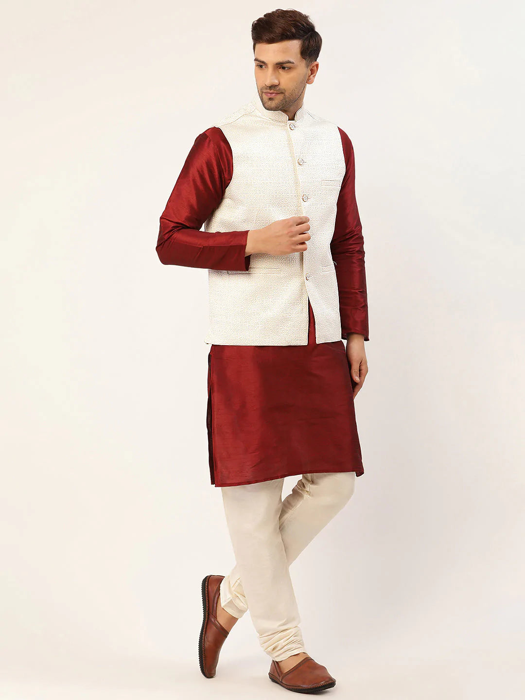Men's White & Gold embossed Nehru Jacket( JOWC 4036 White )
