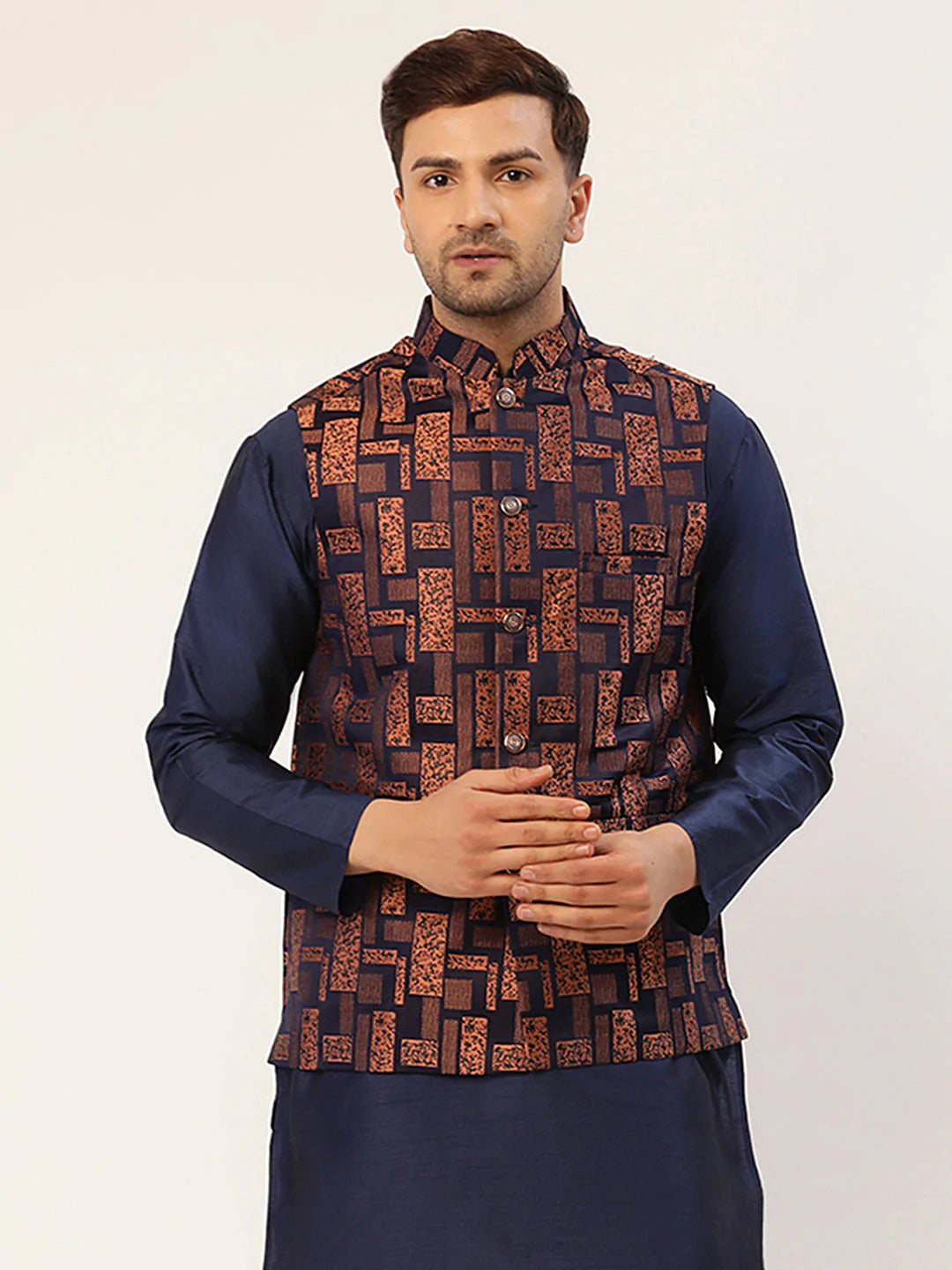 Men's Bronze & Navy Blue embossed Nehru Jacket( JOWC 4037 Bronze )