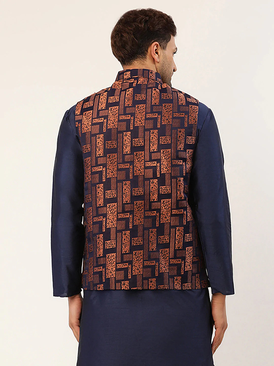 Men's Bronze & Navy Blue embossed Nehru Jacket( JOWC 4037 Bronze )