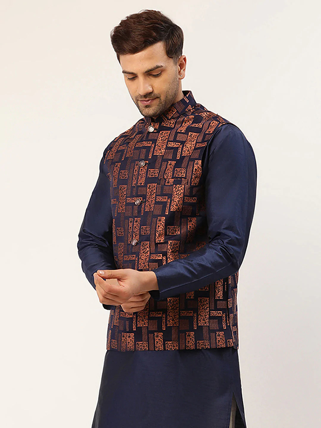 Men's Bronze & Navy Blue embossed Nehru Jacket( JOWC 4037 Bronze )