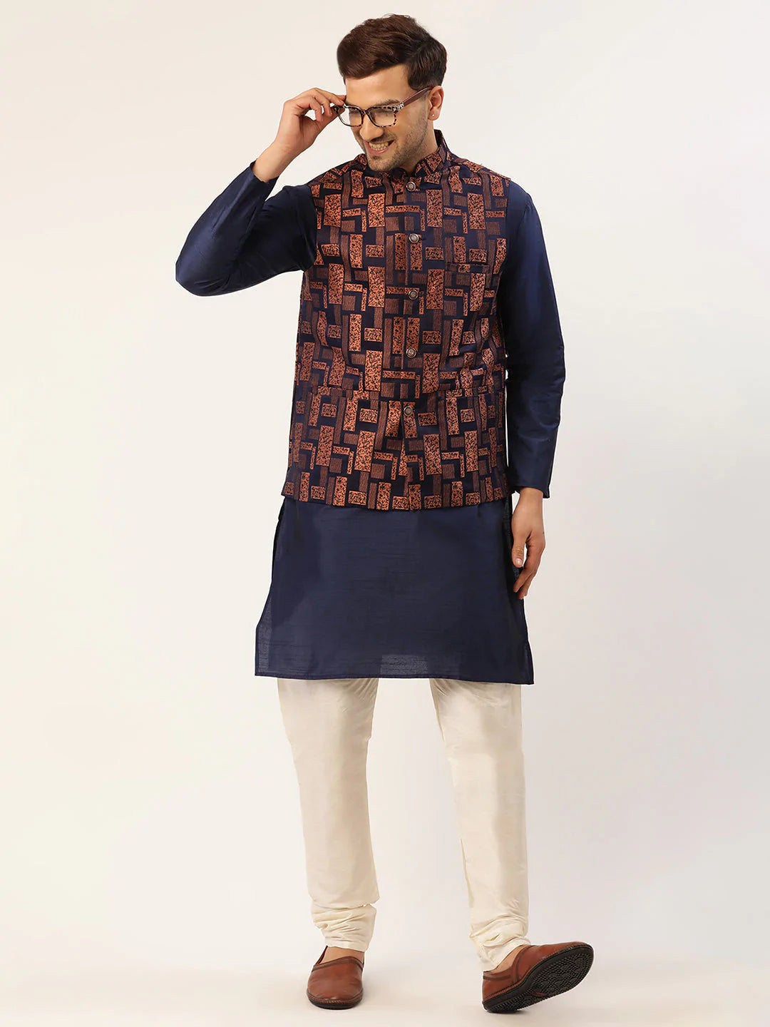 Men's Bronze & Navy Blue embossed Nehru Jacket( JOWC 4037 Bronze )
