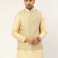 Men Pista Green & Gold Embroidered Woven Nehru Jacket( JOWC 4038 Pista )