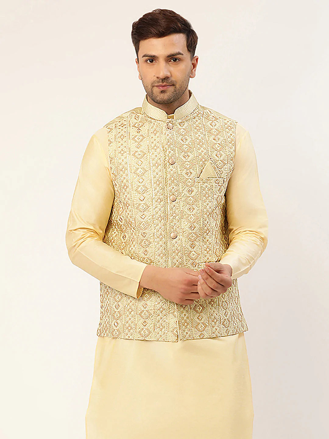 Men Pista Green & Gold Embroidered Woven Nehru Jacket( JOWC 4038 Pista )