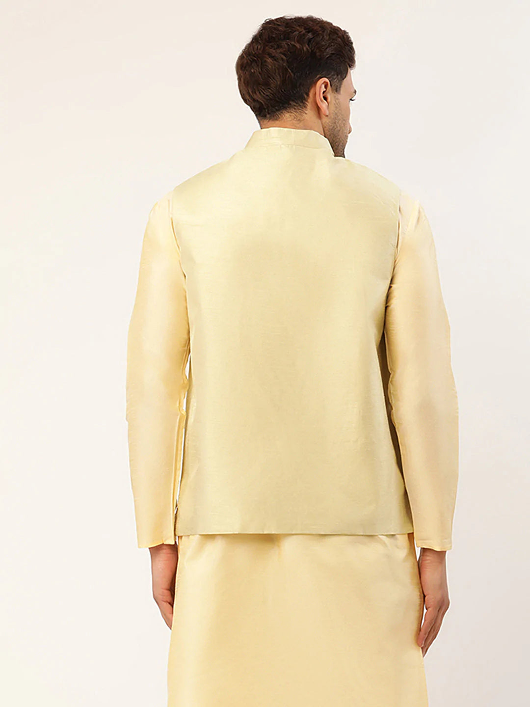 Men Pista Green & Gold Embroidered Woven Nehru Jacket( JOWC 4038 Pista )