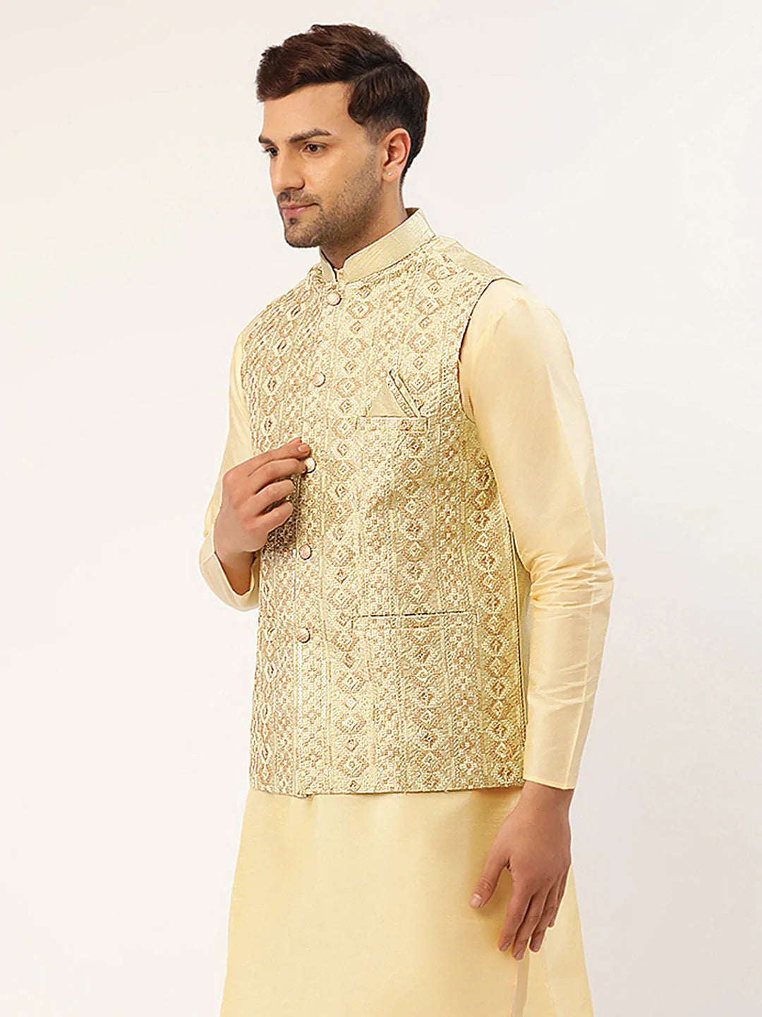 Men Pista Green & Gold Embroidered Woven Nehru Jacket( JOWC 4038 Pista )