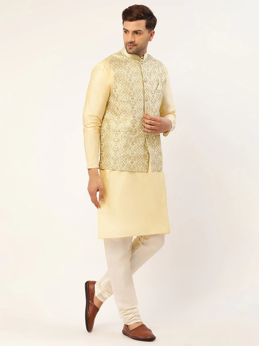 Men Pista Green & Gold Embroidered Woven Nehru Jacket( JOWC 4038 Pista )