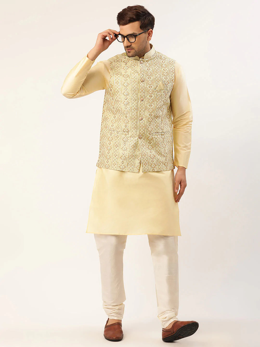 Men Pista Green & Gold Embroidered Woven Nehru Jacket( JOWC 4038 Pista )