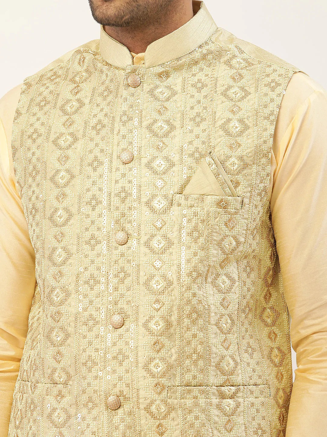 Men Pista Green & Gold Embroidered Woven Nehru Jacket( JOWC 4038 Pista )