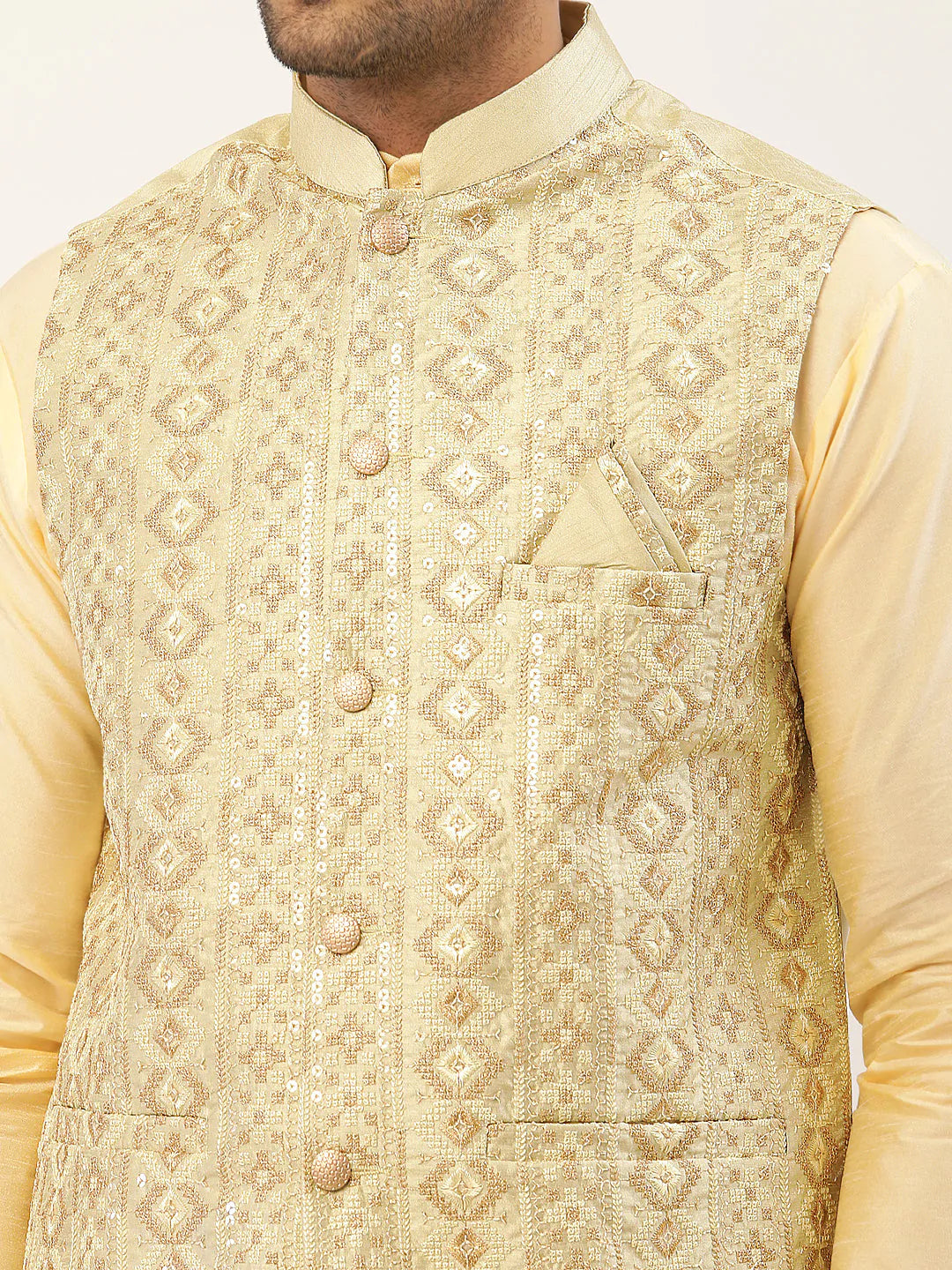 Men Pista Green & Gold Embroidered Woven Nehru Jacket( JOWC 4038 Pista )