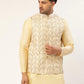 Men White & Gold Embroidered Woven Nehru Jacket( JOWC 4038 White )