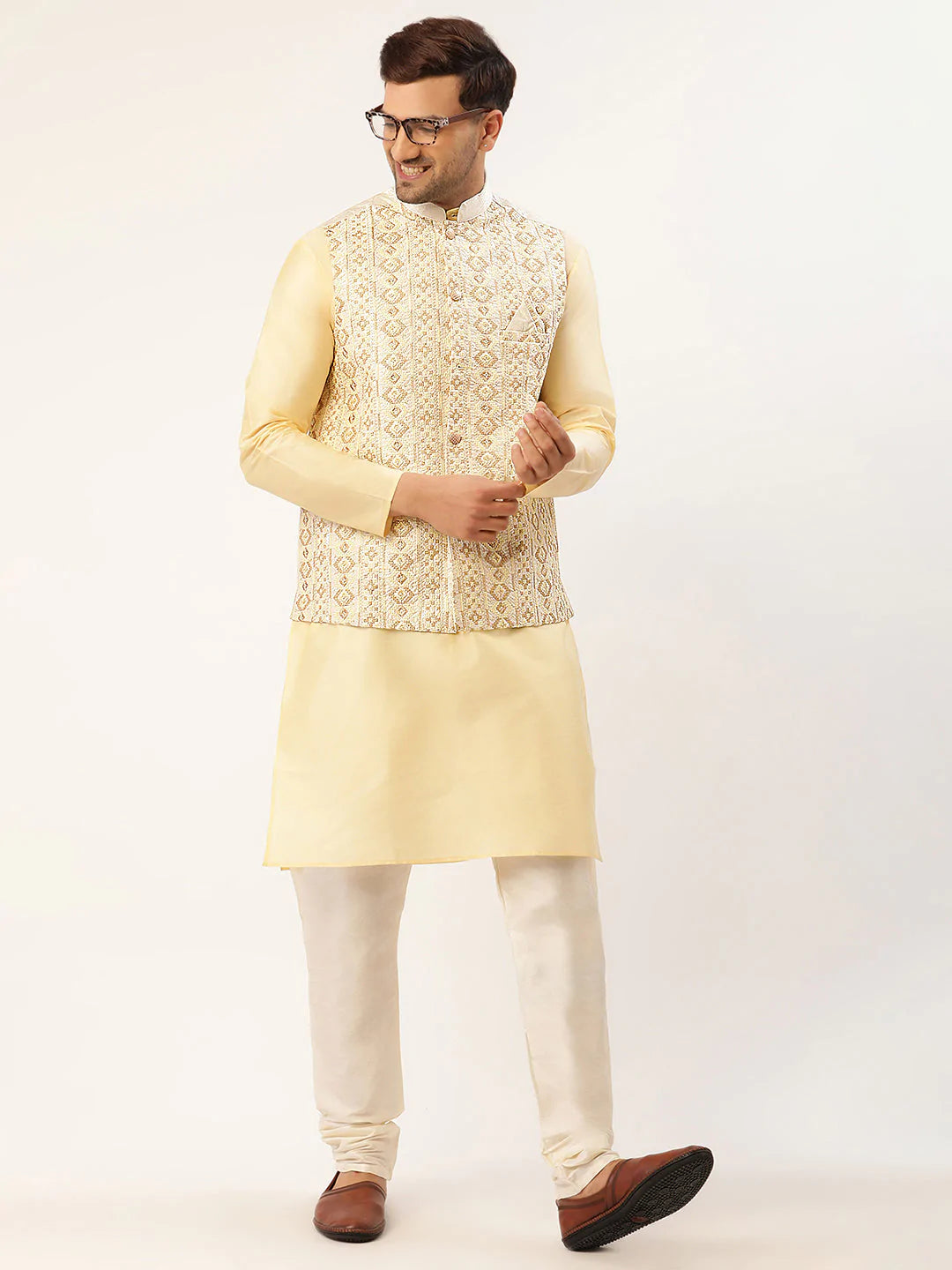 Men White & Gold Embroidered Woven Nehru Jacket( JOWC 4038 White )