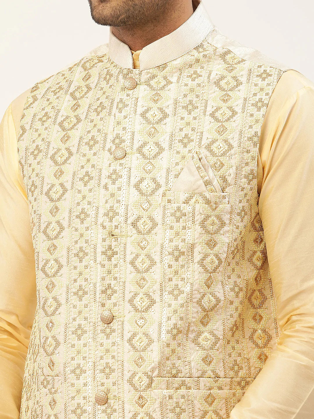 Men White & Gold Embroidered Woven Nehru Jacket( JOWC 4038 White )