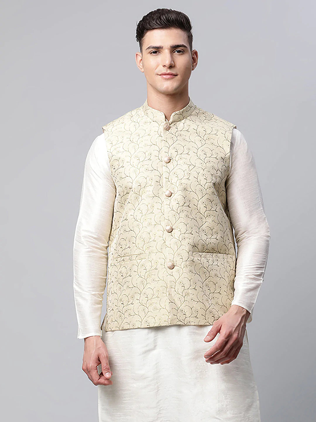 Men's Beige Printed textured Nehru Jacket( JOWC 4039 Beige )