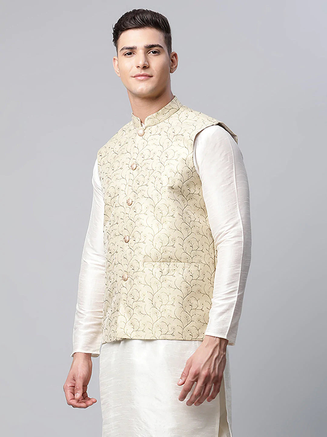Men's Beige Printed textured Nehru Jacket( JOWC 4039 Beige )