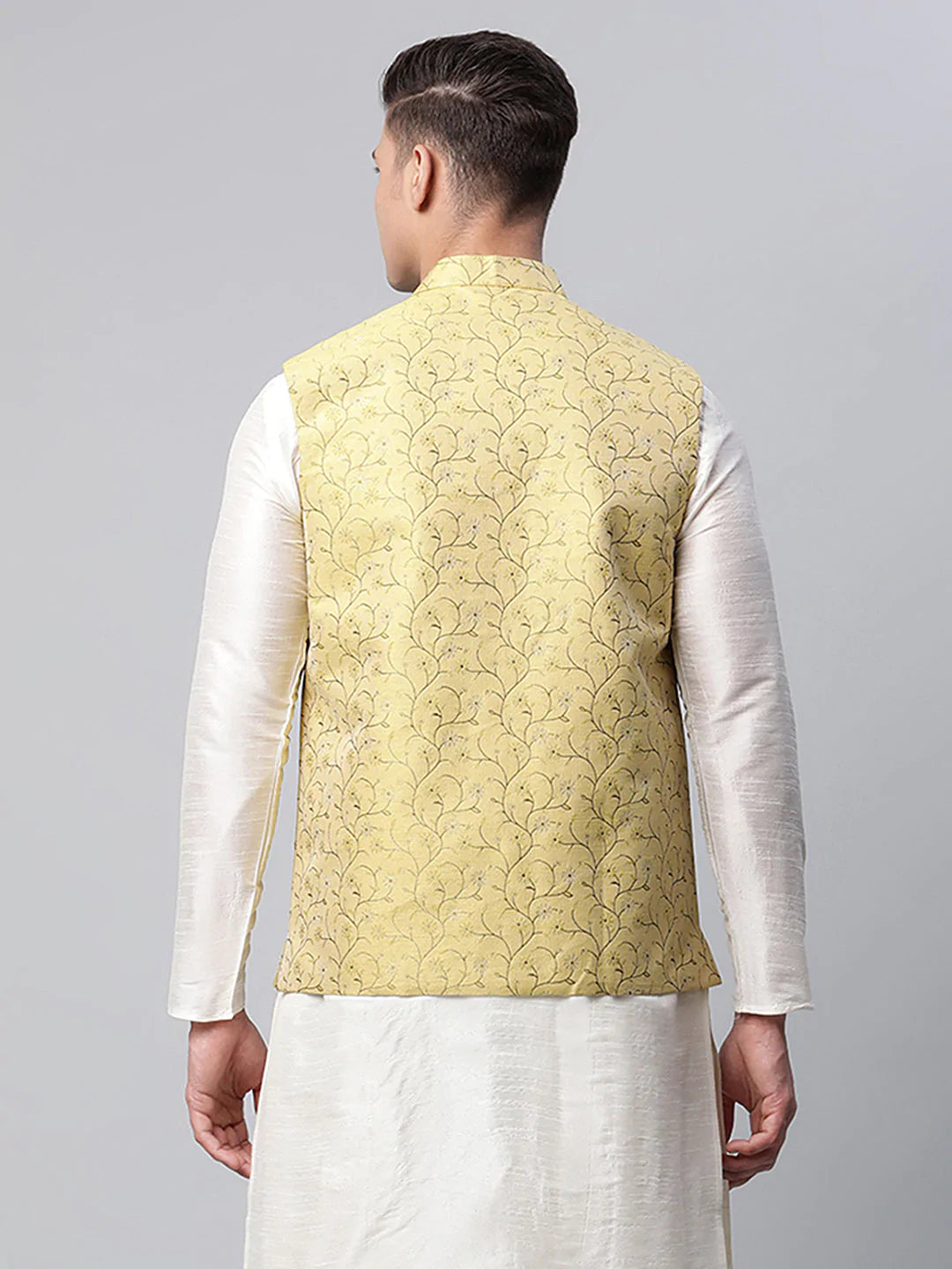Men's Lemon Printed textured Nehru Jacket( JOWC 4039 Lemon )