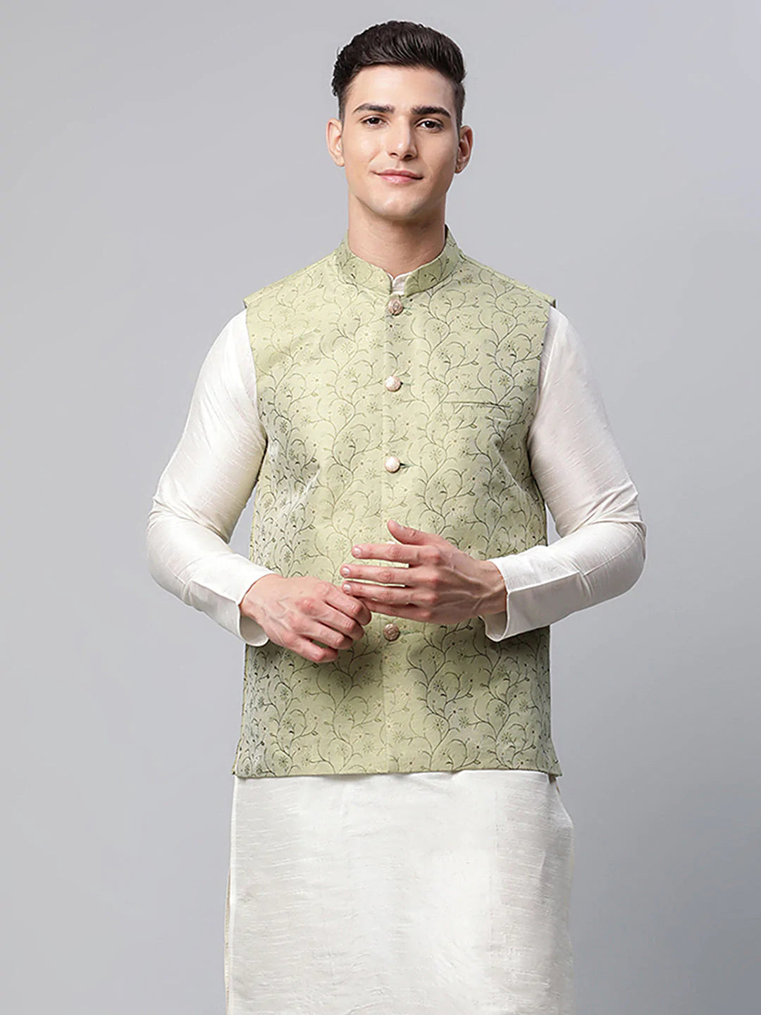 Men's Pista Green Printed textured Nehru Jacket( JOWC 4039 Pista )