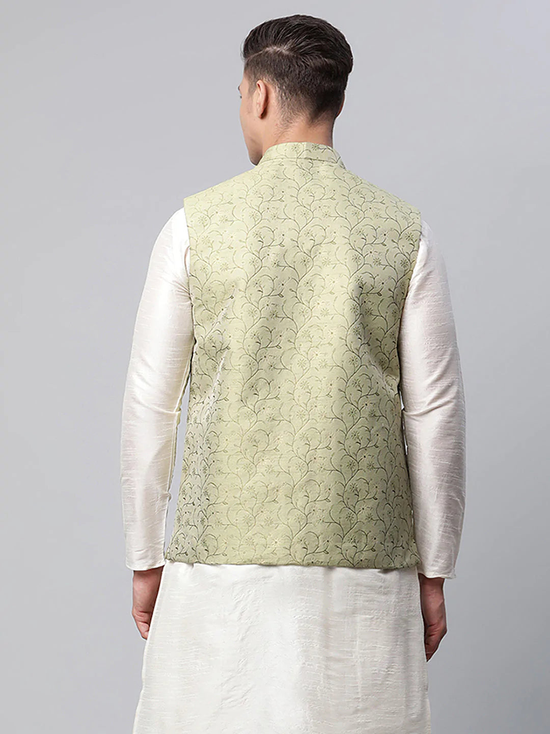 Men's Pista Green Printed textured Nehru Jacket( JOWC 4039 Pista )
