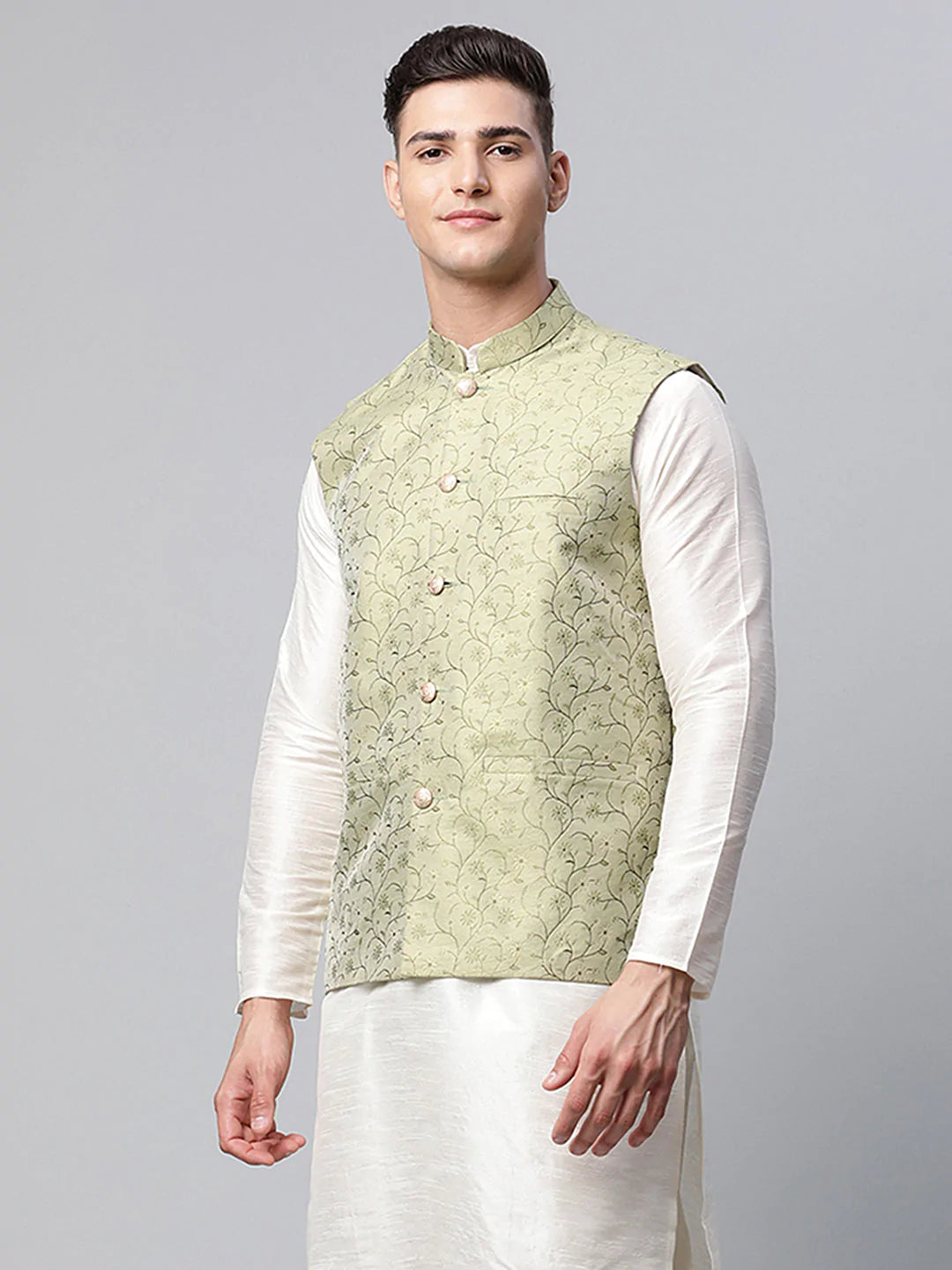 Men's Pista Green Printed textured Nehru Jacket( JOWC 4039 Pista )