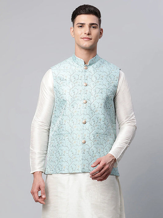 Men's Sky Blue Printed textured Nehru Jacket( JOWC 4039 Sky )