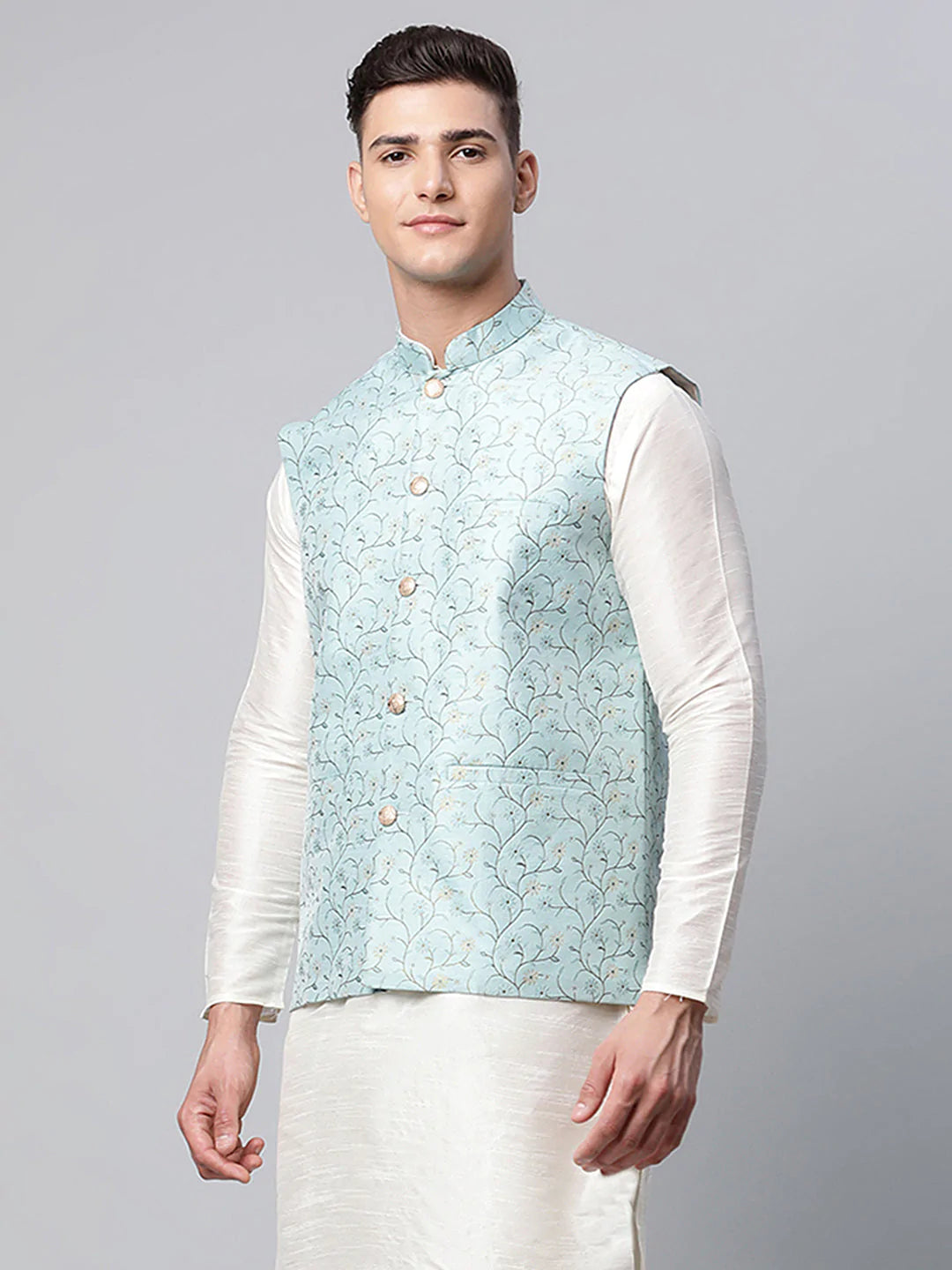 Men's Sky Blue Printed textured Nehru Jacket( JOWC 4039 Sky )