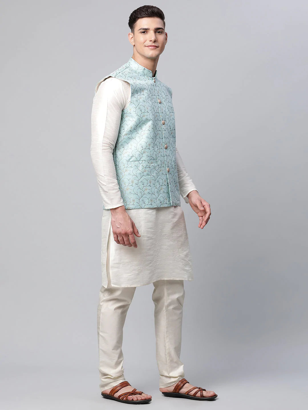 Men's Sky Blue Printed textured Nehru Jacket( JOWC 4039 Sky )