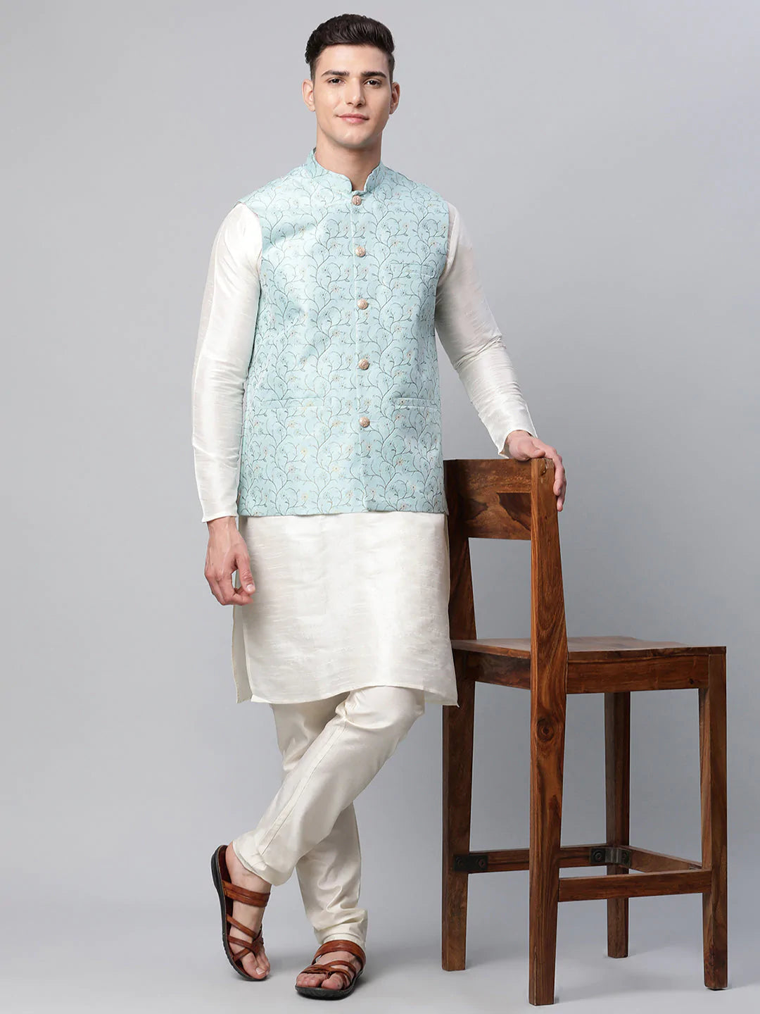 Men's Sky Blue Printed textured Nehru Jacket( JOWC 4039 Sky )