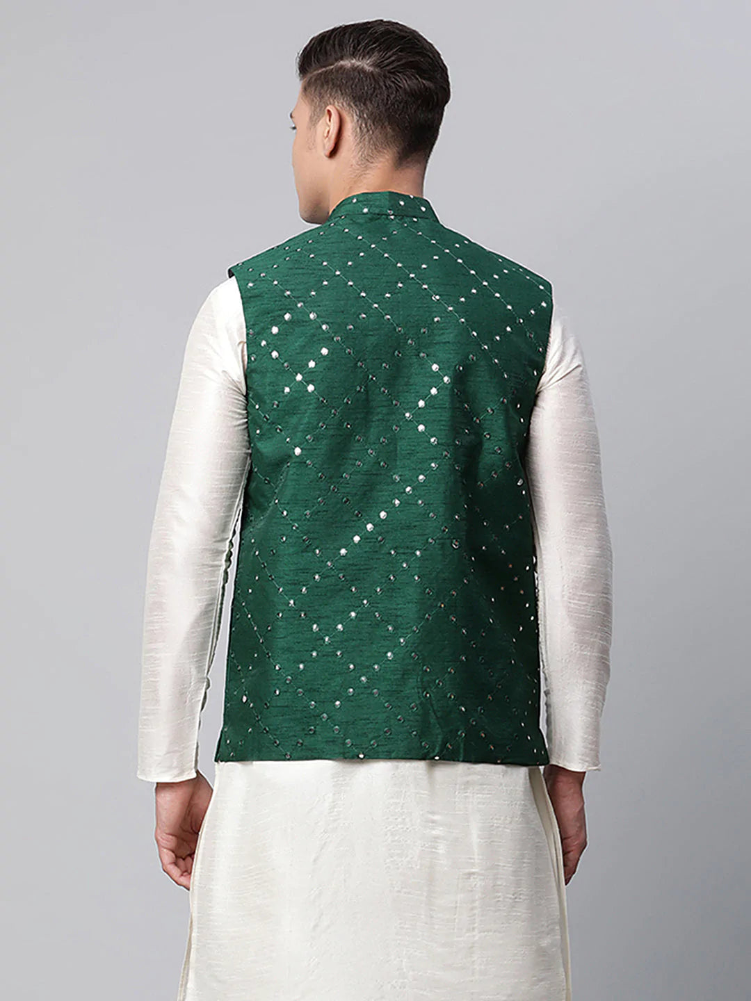 Men's Green Mirror Work Embroidered Nehru Jacket( JOWC 4040 Green )