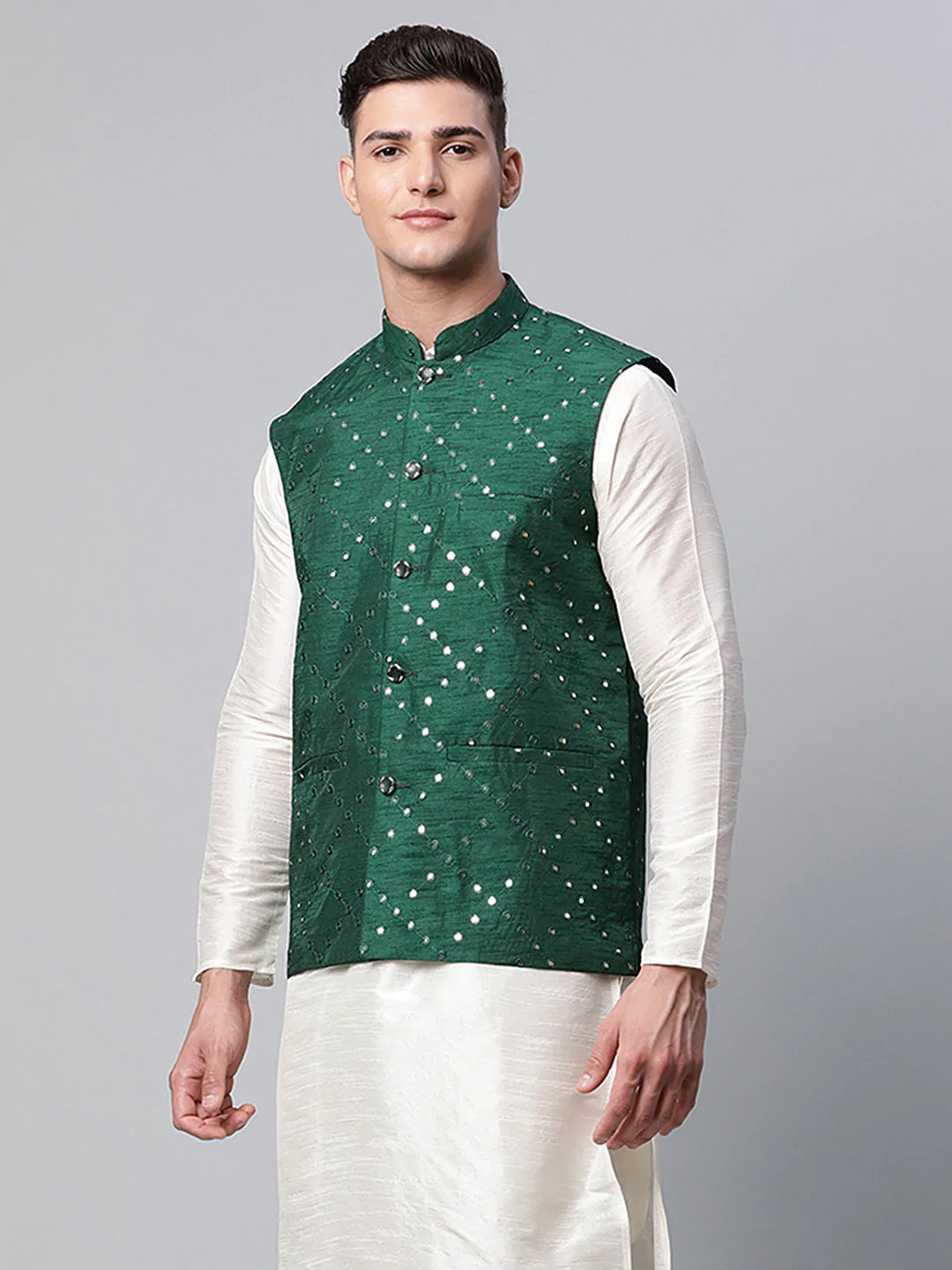 Men's Green Mirror Work Embroidered Nehru Jacket( JOWC 4040 Green )