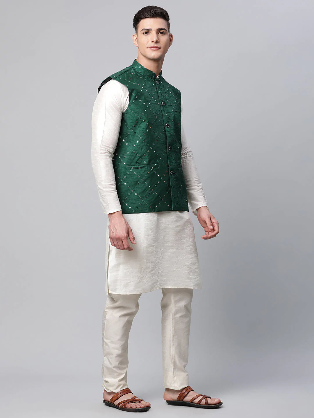 Men's Green Mirror Work Embroidered Nehru Jacket( JOWC 4040 Green )