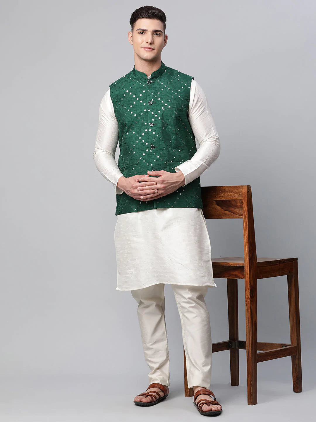Men's Green Mirror Work Embroidered Nehru Jacket( JOWC 4040 Green )