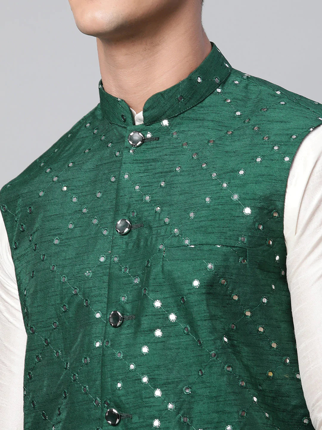 Men's Green Mirror Work Embroidered Nehru Jacket( JOWC 4040 Green )