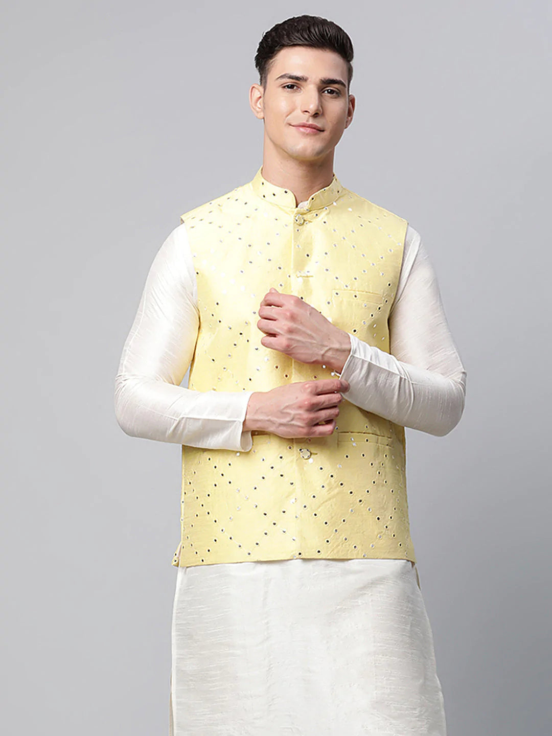 Men's Yellow Mirror Work Embroidered Nehru Jacket( JOWC 4040 Yellow )