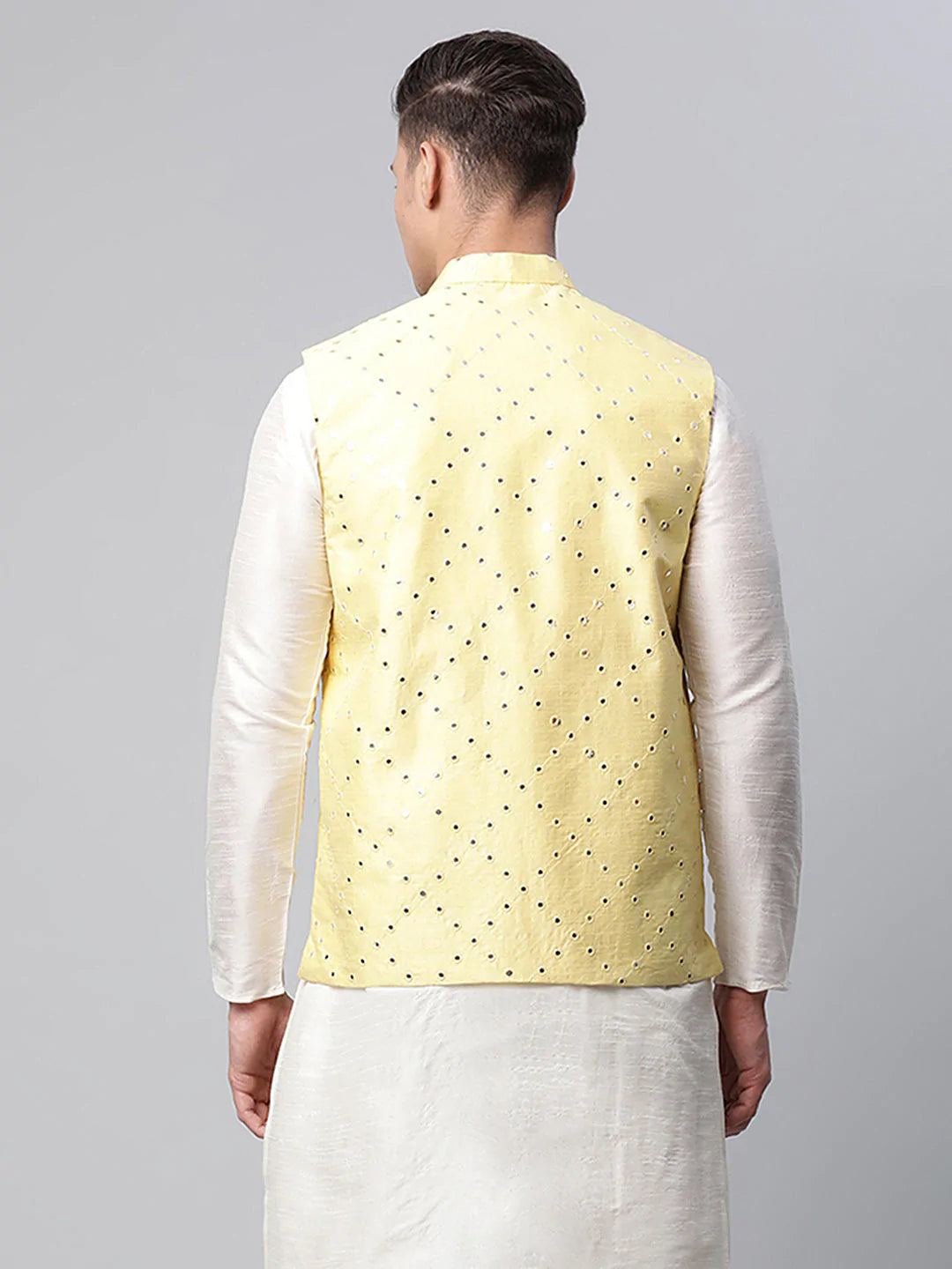 Men's Yellow Mirror Work Embroidered Nehru Jacket( JOWC 4040 Yellow )