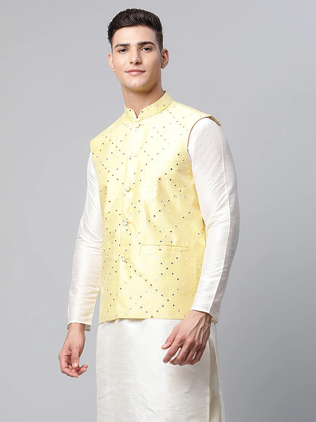 Men's Yellow Mirror Work Embroidered Nehru Jacket( JOWC 4040 Yellow )