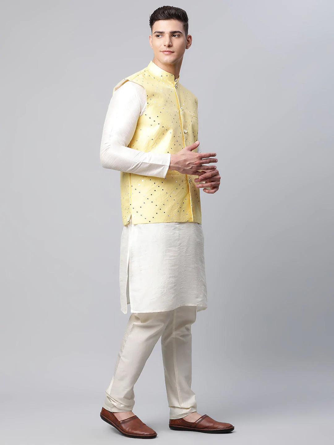 Men's Yellow Mirror Work Embroidered Nehru Jacket( JOWC 4040 Yellow )