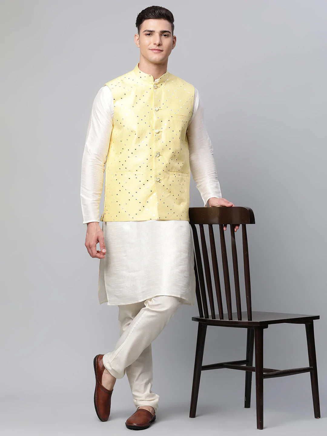 Men's Yellow Mirror Work Embroidered Nehru Jacket( JOWC 4040 Yellow )