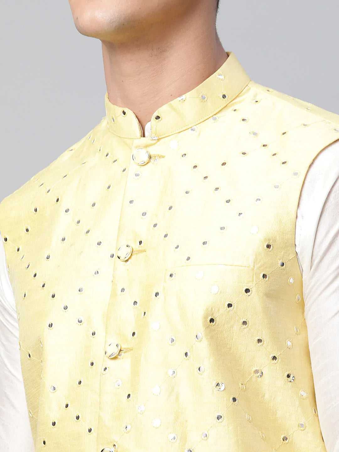 Men's Yellow Mirror Work Embroidered Nehru Jacket( JOWC 4040 Yellow )