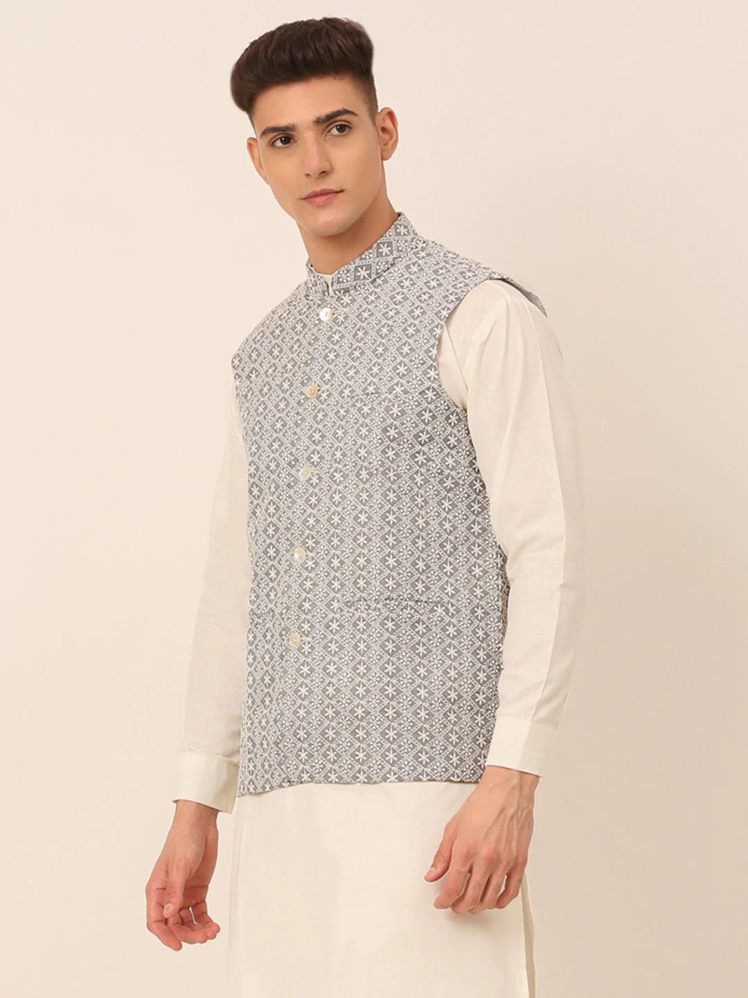 Men's Grey Embroidered Nehru Jackets ( JOWC 4041 Grey )
