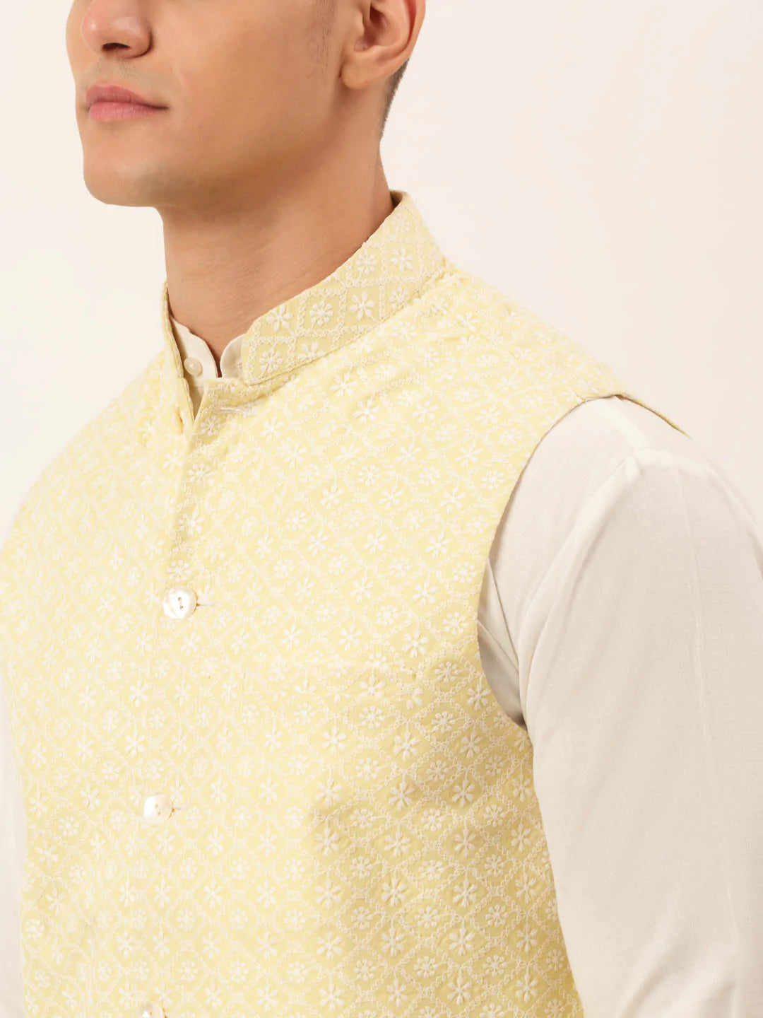 Men's Lemon Embroidered Nehru Jackets( JOWC 4041 Lemon )