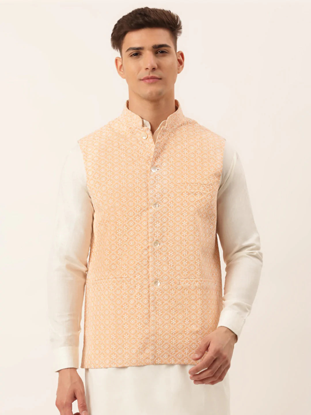 Men's Orange Embroidered Nehru Jackets( JOWC 4041 Orange )