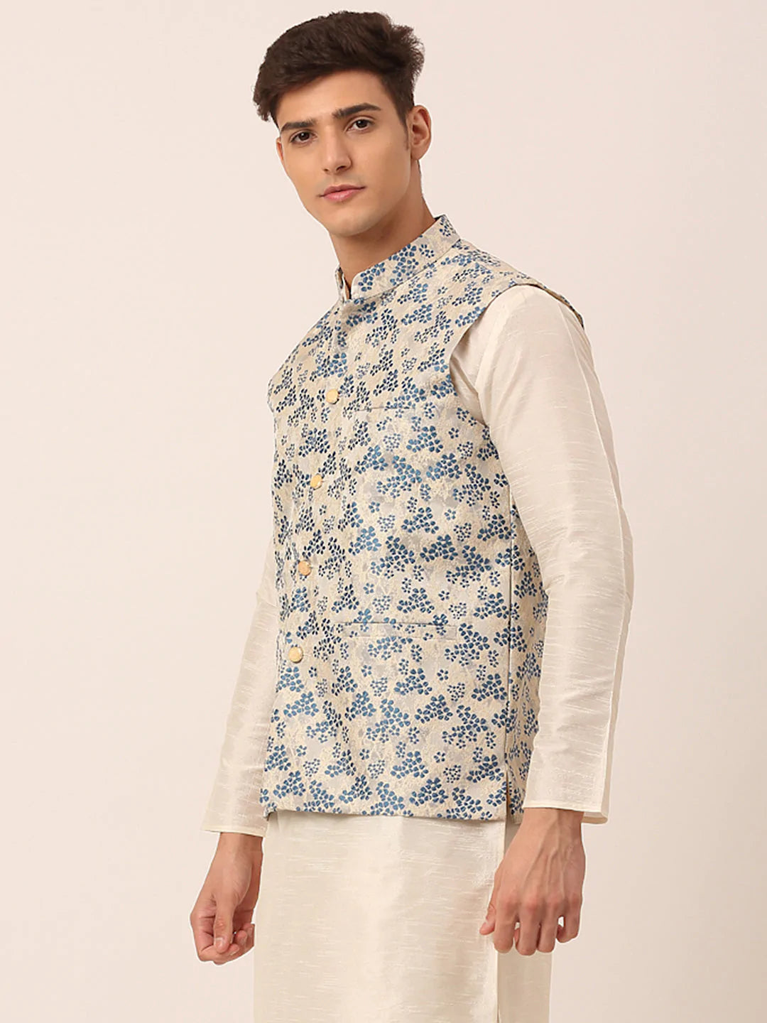 Men's Blue Floral Design Nehru Jacket.( JOWC 4042 Blue )
