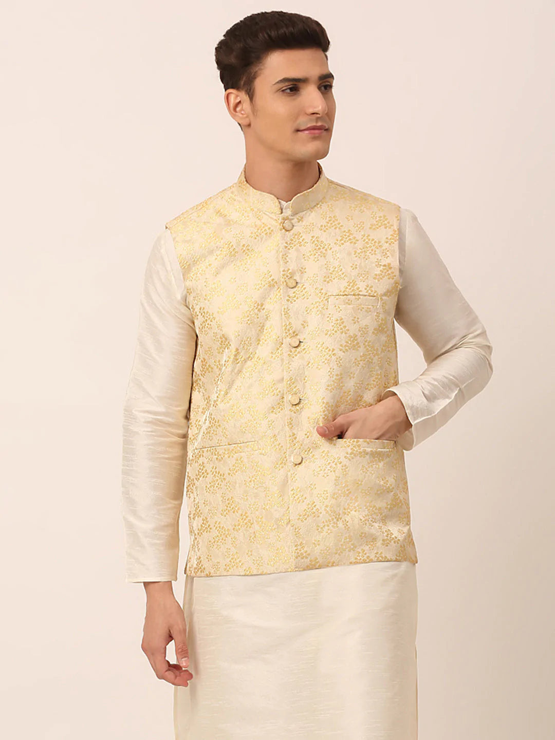 Men's Golden Floral Design Nehru Jacket.( JOWC 4042 Golden )