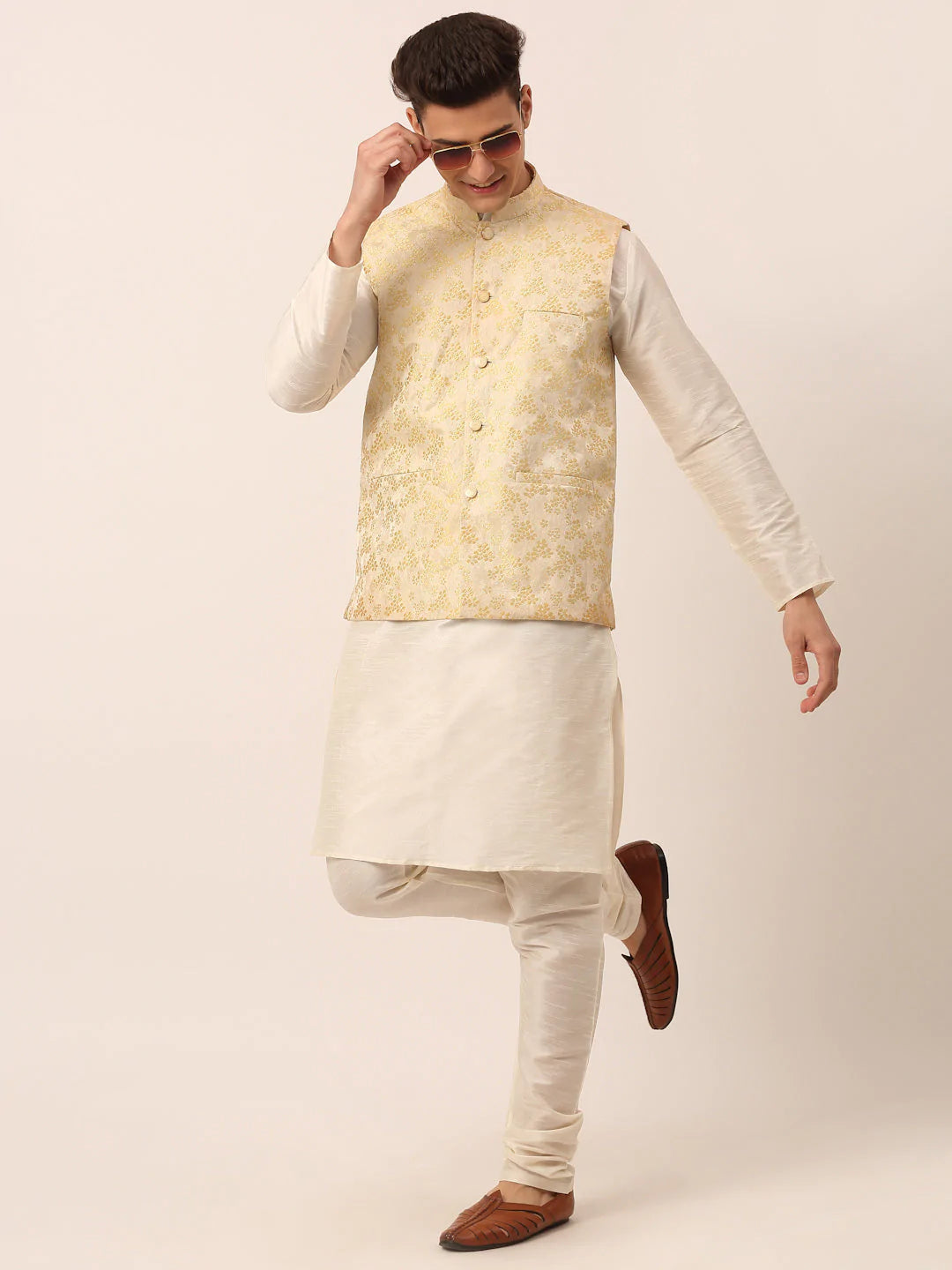 Men's Golden Floral Design Nehru Jacket.( JOWC 4042 Golden )