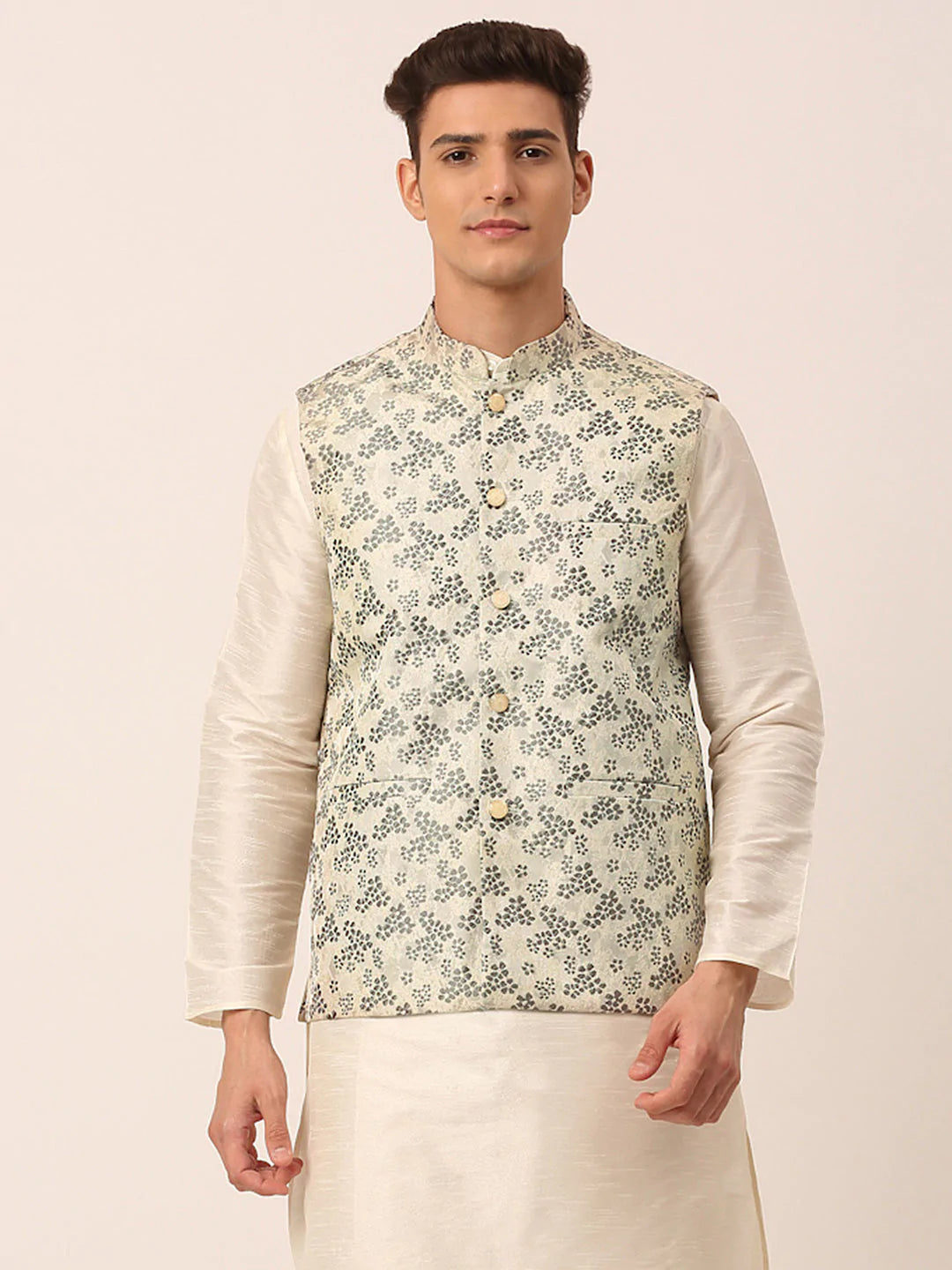 Men's Grey Floral Design Nehru Jacket.( JOWC 4042 Grey )