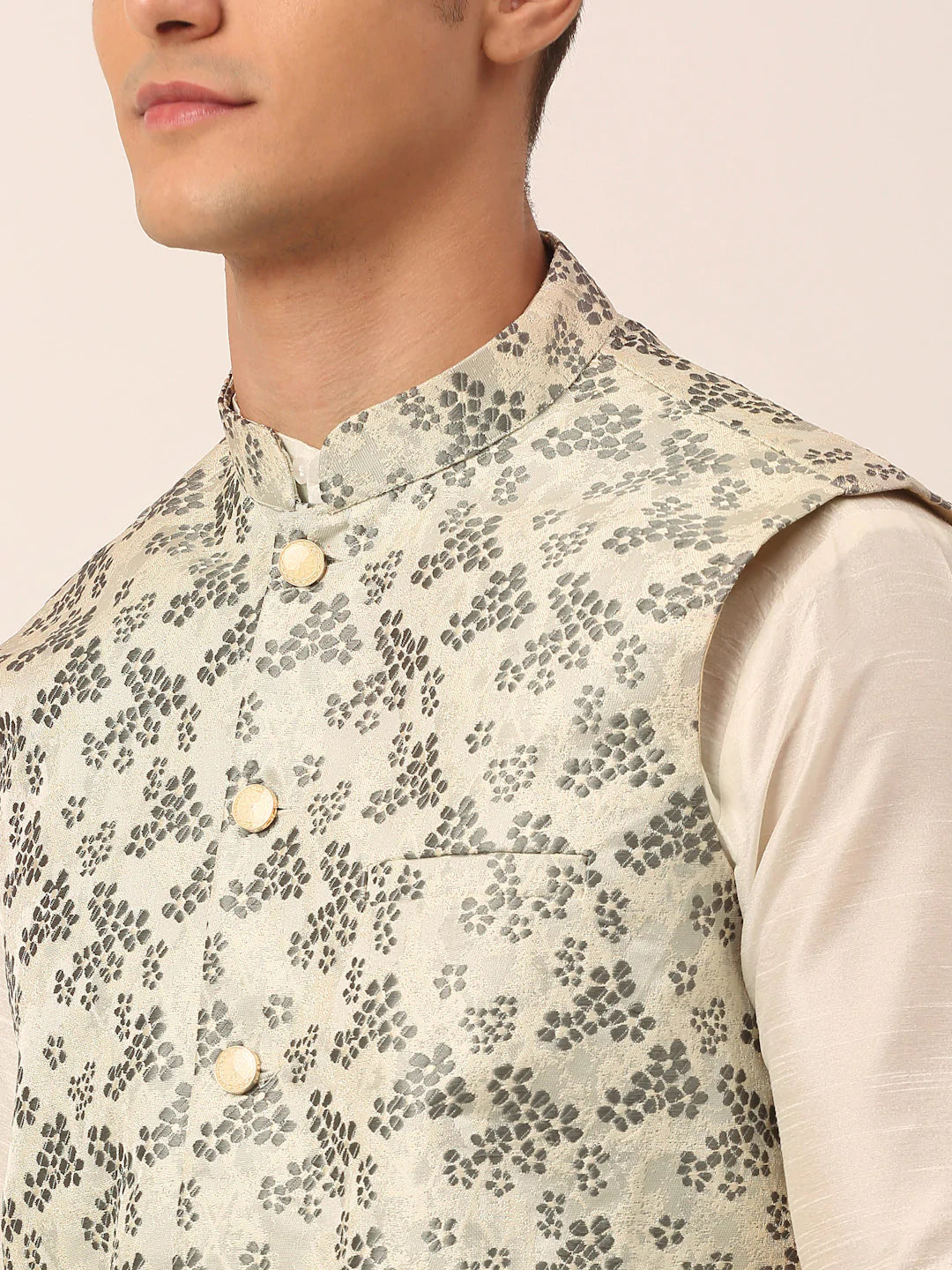 Men's Grey Floral Design Nehru Jacket.( JOWC 4042 Grey )